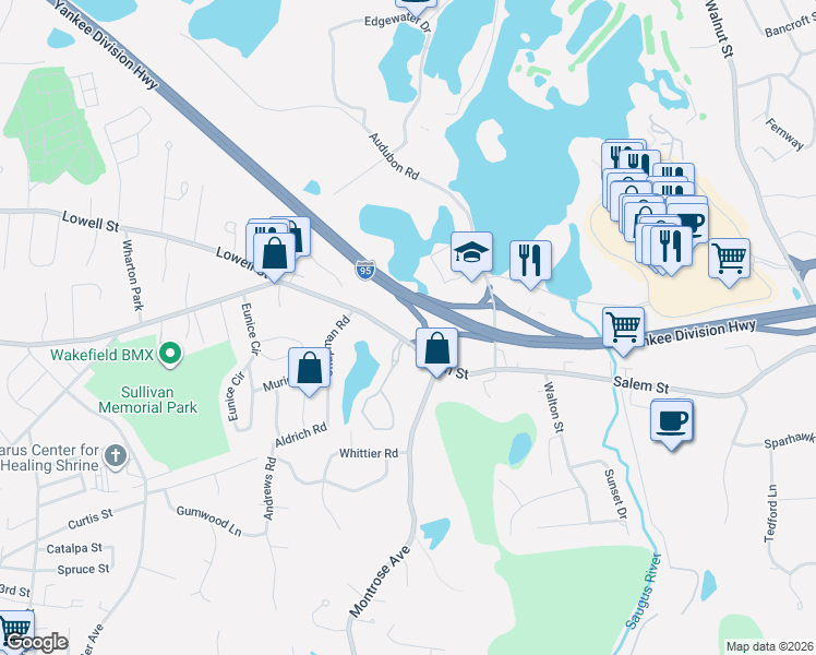 map of restaurants, bars, coffee shops, grocery stores, and more near 411 Salem Street in Wakefield