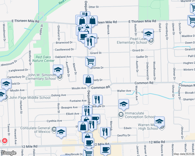 map of restaurants, bars, coffee shops, grocery stores, and more near 1956 Shady Drive in Warren