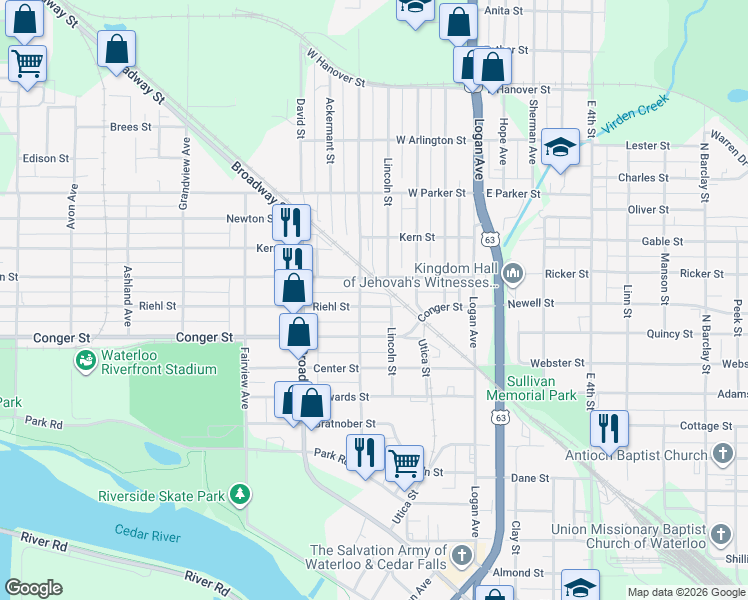 map of restaurants, bars, coffee shops, grocery stores, and more near 320 Riehl Street in Waterloo