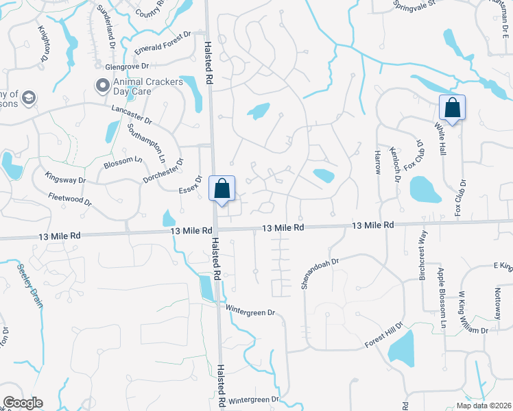 map of restaurants, bars, coffee shops, grocery stores, and more near 29682 Pine Ridge Circle in Farmington Hills