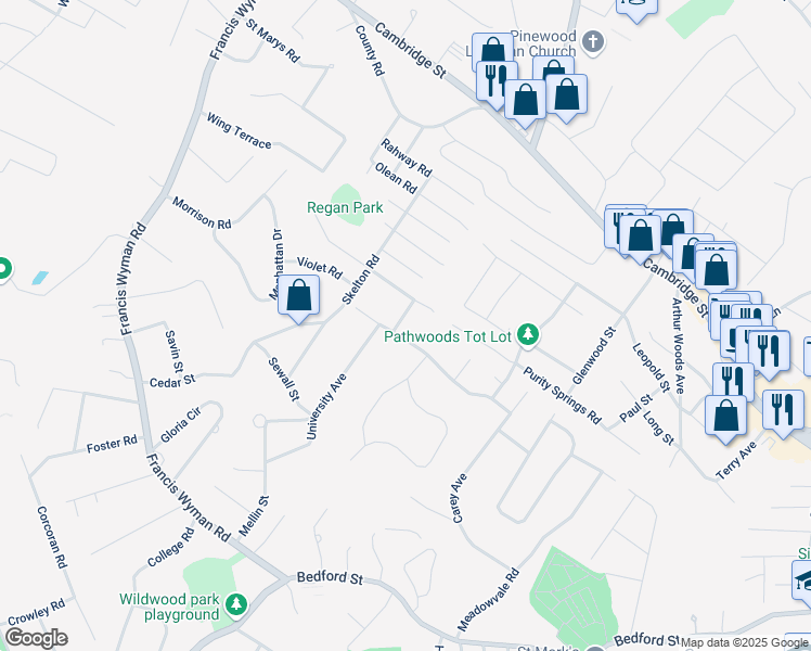map of restaurants, bars, coffee shops, grocery stores, and more near 22 Princeton Road in Burlington