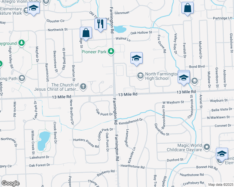 map of restaurants, bars, coffee shops, grocery stores, and more near 33588 Oak Point Circle in Farmington Hills