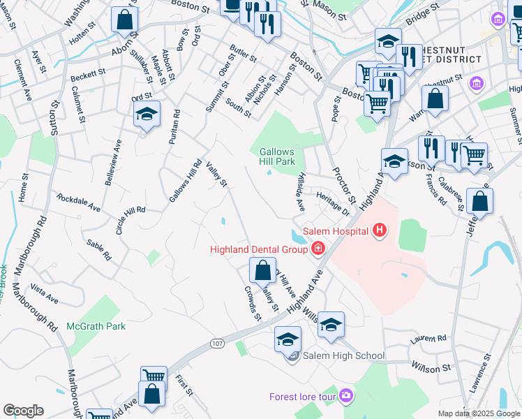 map of restaurants, bars, coffee shops, grocery stores, and more near 51 Valley Street in Salem