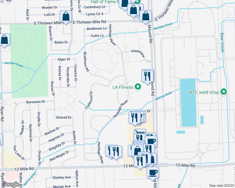 map of restaurants, bars, coffee shops, grocery stores, and more near 30019 Fox Run Circle in Warren