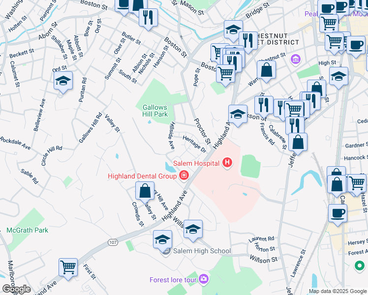 map of restaurants, bars, coffee shops, grocery stores, and more near 16 Heritage Drive in Salem