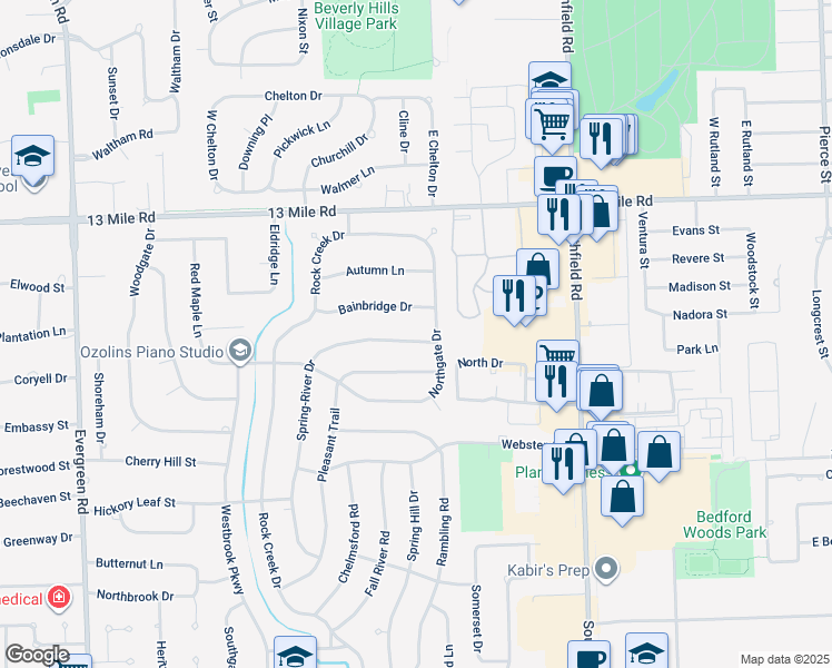 map of restaurants, bars, coffee shops, grocery stores, and more near 30247 Northgate Drive in Southfield
