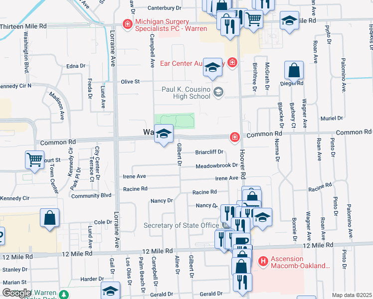 map of restaurants, bars, coffee shops, grocery stores, and more near 11356 Briarcliff Drive in Warren