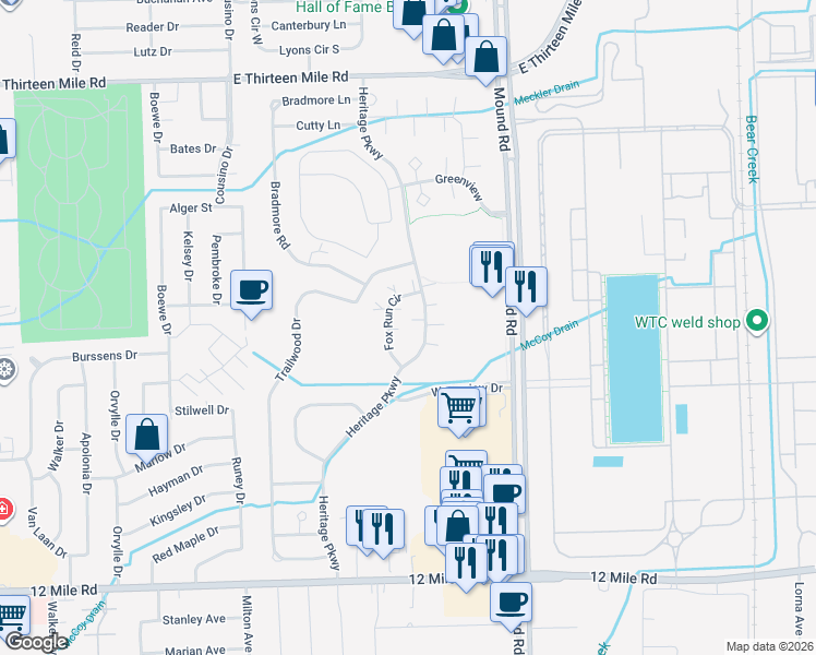 map of restaurants, bars, coffee shops, grocery stores, and more near 29784 Heritage Parkway in Warren