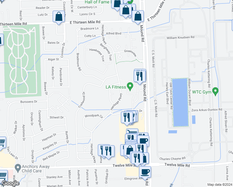 map of restaurants, bars, coffee shops, grocery stores, and more near 29941 Fox Run Circle in Warren