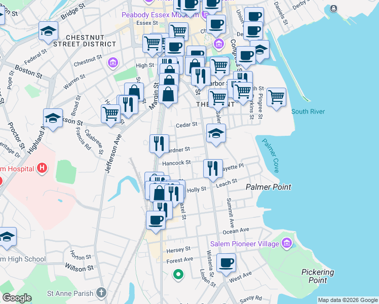 map of restaurants, bars, coffee shops, grocery stores, and more near 6 Hancock Street in Salem