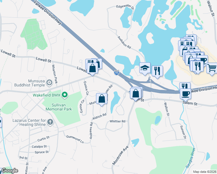 map of restaurants, bars, coffee shops, grocery stores, and more near 12 Chapman Road in Wakefield