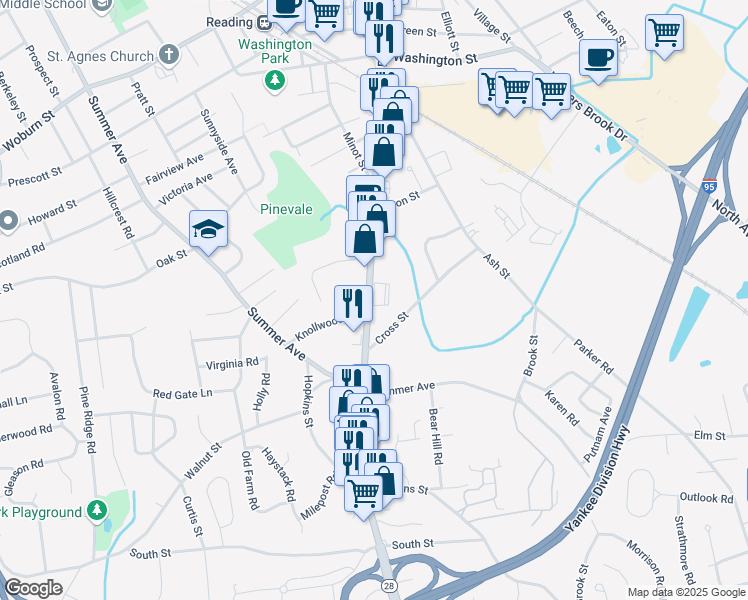 map of restaurants, bars, coffee shops, grocery stores, and more near 231 Main Street in Reading