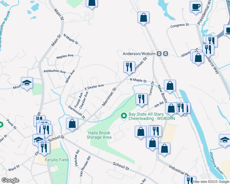 map of restaurants, bars, coffee shops, grocery stores, and more near 85 Merrimac Street in Woburn