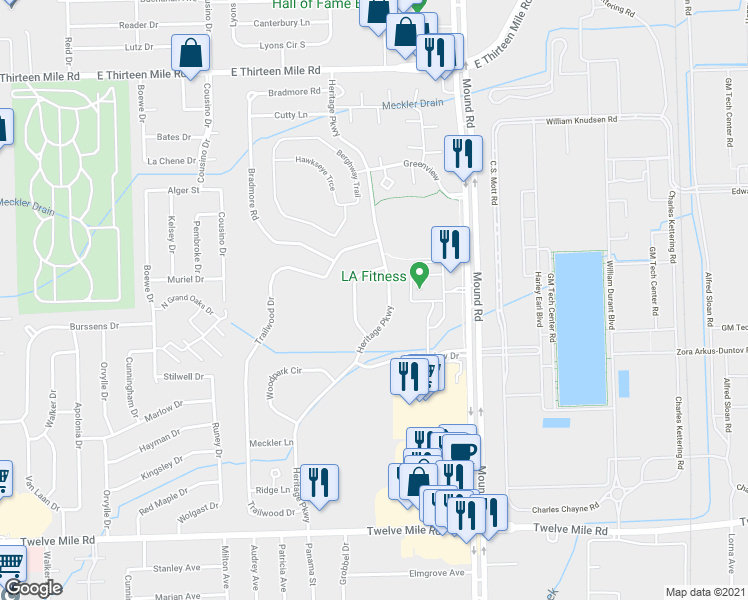 map of restaurants, bars, coffee shops, grocery stores, and more near 29784 Heritage Parkway in Warren