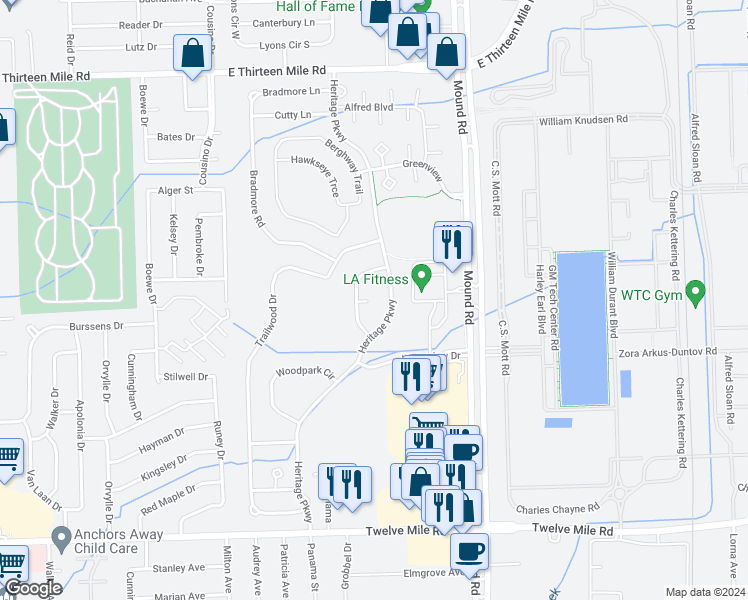 map of restaurants, bars, coffee shops, grocery stores, and more near 29784 Heritage Parkway in Warren