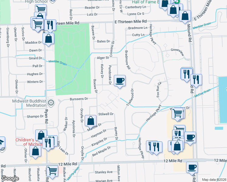 map of restaurants, bars, coffee shops, grocery stores, and more near 4983 North Grand Oaks Drive in Warren