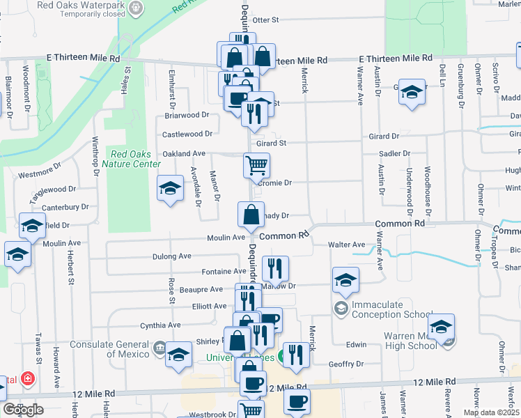 map of restaurants, bars, coffee shops, grocery stores, and more near 1956 Shady Drive in Warren