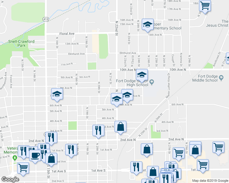 map of restaurants, bars, coffee shops, grocery stores, and more near 2120 7th Avenue North in Fort Dodge