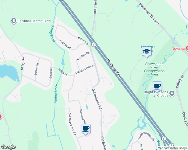 map of restaurants, bars, coffee shops, grocery stores, and more near 298 Old Billerica Road in Bedford