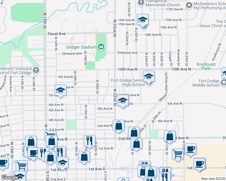 map of restaurants, bars, coffee shops, grocery stores, and more near 2120 7th Avenue North in Fort Dodge