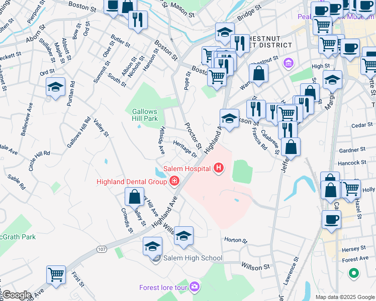 map of restaurants, bars, coffee shops, grocery stores, and more near 24 Heritage Drive in Salem