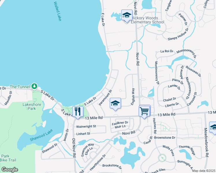 map of restaurants, bars, coffee shops, grocery stores, and more near 1603 East Lake Road in Novi