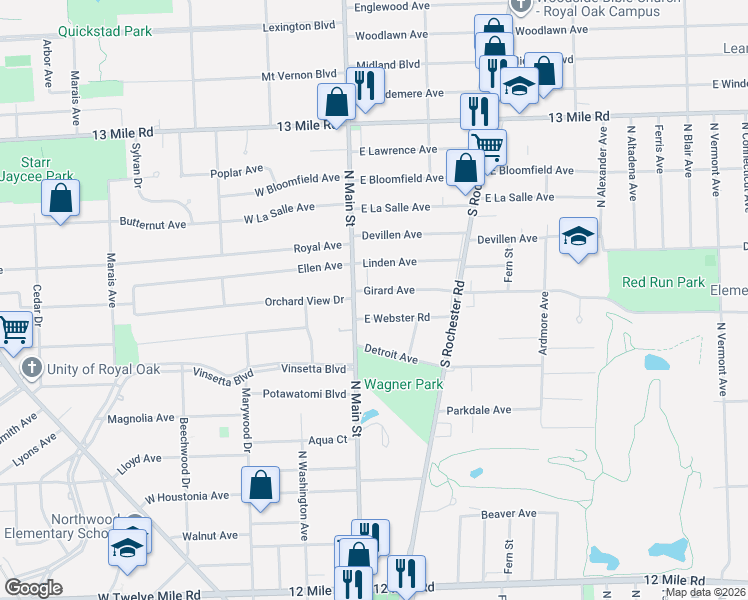 map of restaurants, bars, coffee shops, grocery stores, and more near 2600 North Main Street in Royal Oak