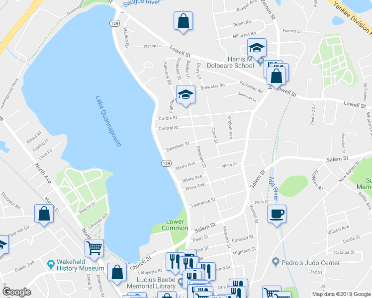 map of restaurants, bars, coffee shops, grocery stores, and more near 18 Aborn Avenue in Wakefield