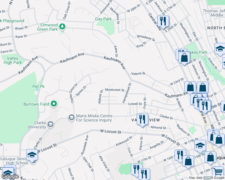map of restaurants, bars, coffee shops, grocery stores, and more near 761 Cottage Place in Dubuque