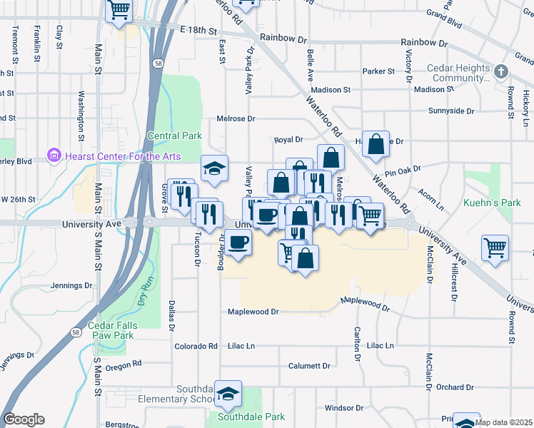 map of restaurants, bars, coffee shops, grocery stores, and more near 6421 Blackhawk Vill in Cedar Falls