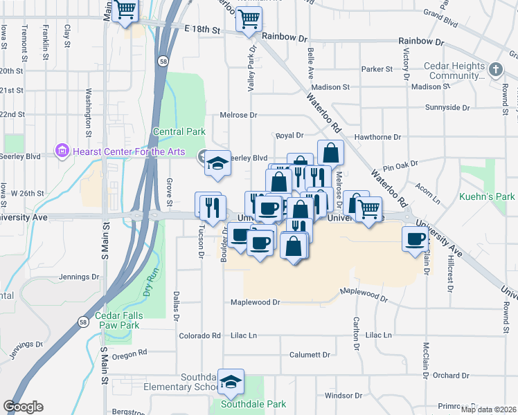 map of restaurants, bars, coffee shops, grocery stores, and more near 6421 Blackhawk Vill in Cedar Falls