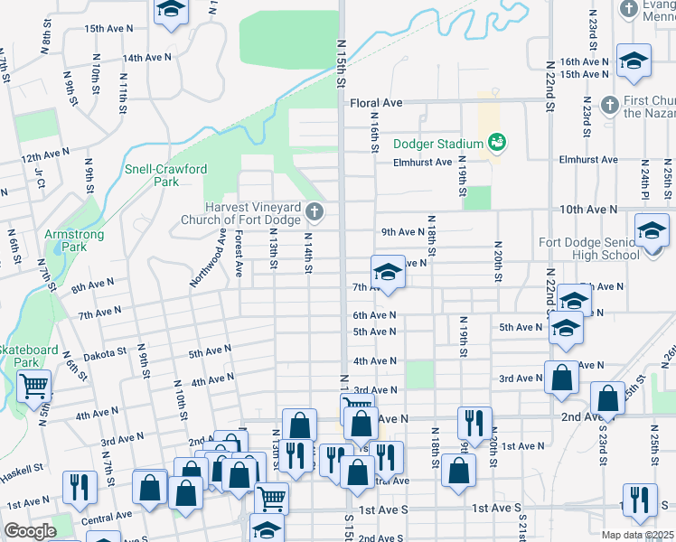 map of restaurants, bars, coffee shops, grocery stores, and more near 1518 7th Avenue North in Fort Dodge