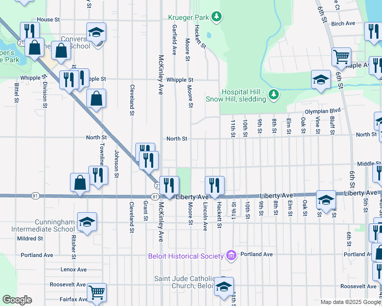 map of restaurants, bars, coffee shops, grocery stores, and more near 1250 Moore Street in Beloit