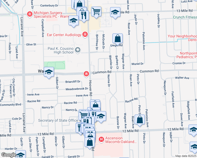 map of restaurants, bars, coffee shops, grocery stores, and more near 29800 Hoover Road in Warren