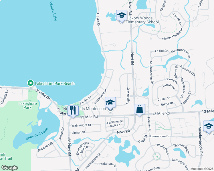 map of restaurants, bars, coffee shops, grocery stores, and more near 1520 Paramount Street in Novi