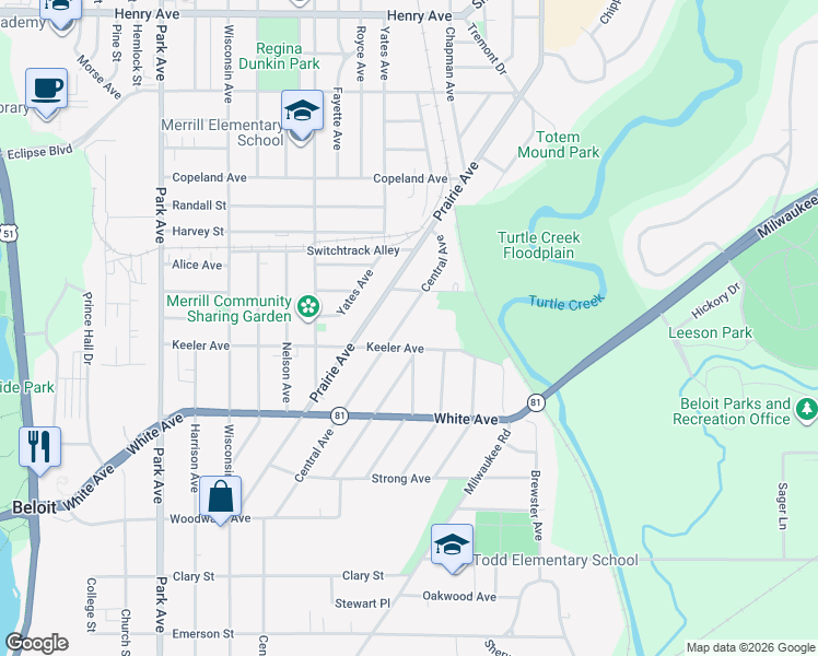 map of restaurants, bars, coffee shops, grocery stores, and more near 1545 Keeler Avenue in Beloit