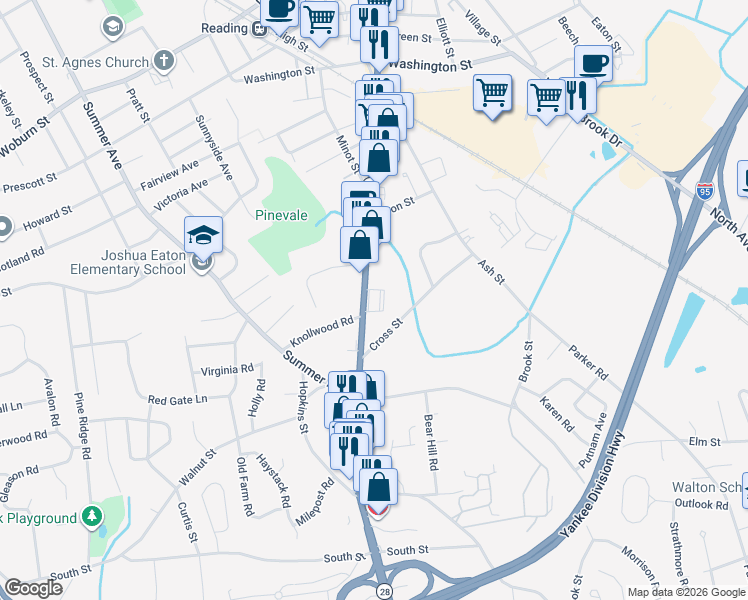 map of restaurants, bars, coffee shops, grocery stores, and more near 231 Main Street in Reading