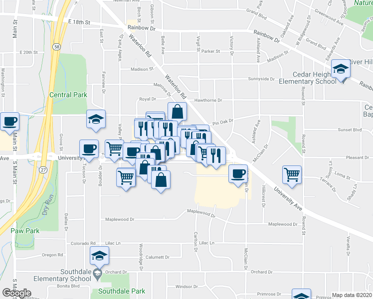 map of restaurants, bars, coffee shops, grocery stores, and more near 6109 University Avenue in Cedar Falls
