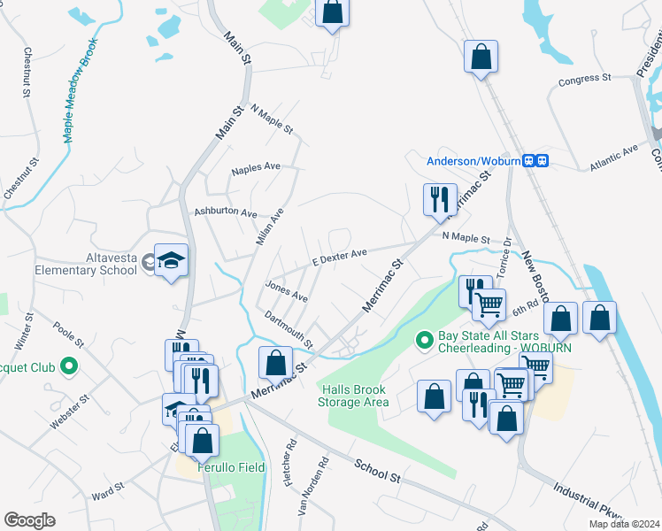 map of restaurants, bars, coffee shops, grocery stores, and more near 10 Poplar Street in Woburn
