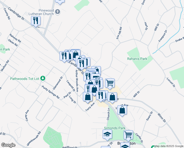 map of restaurants, bars, coffee shops, grocery stores, and more near 242 Cambridge Street in Burlington
