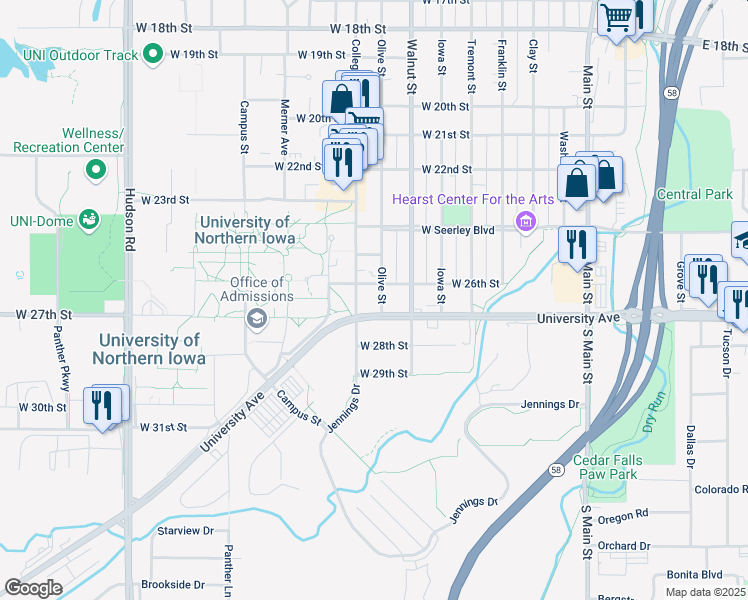 map of restaurants, bars, coffee shops, grocery stores, and more near 8009 University Avenue in Cedar Falls
