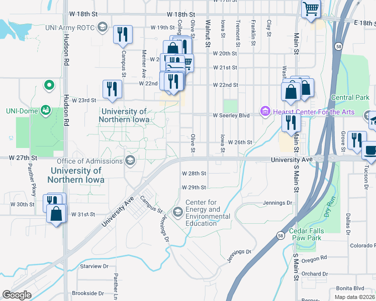map of restaurants, bars, coffee shops, grocery stores, and more near 8009 University Avenue in Cedar Falls