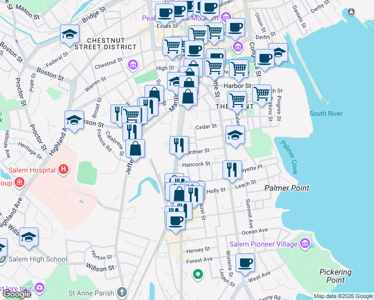 map of restaurants, bars, coffee shops, grocery stores, and more near 30 Gardner Street in Salem