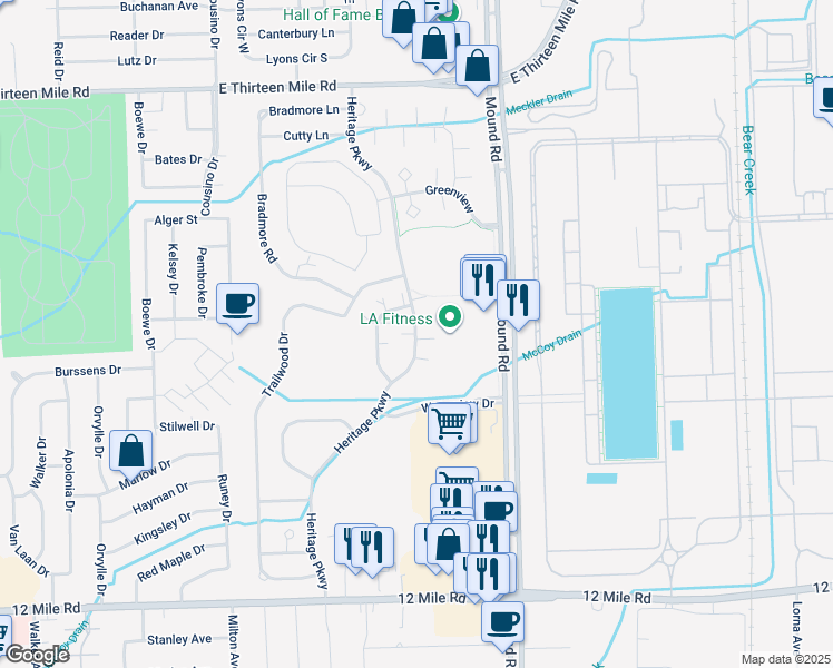map of restaurants, bars, coffee shops, grocery stores, and more near 30017 Heritage Parkway in Warren