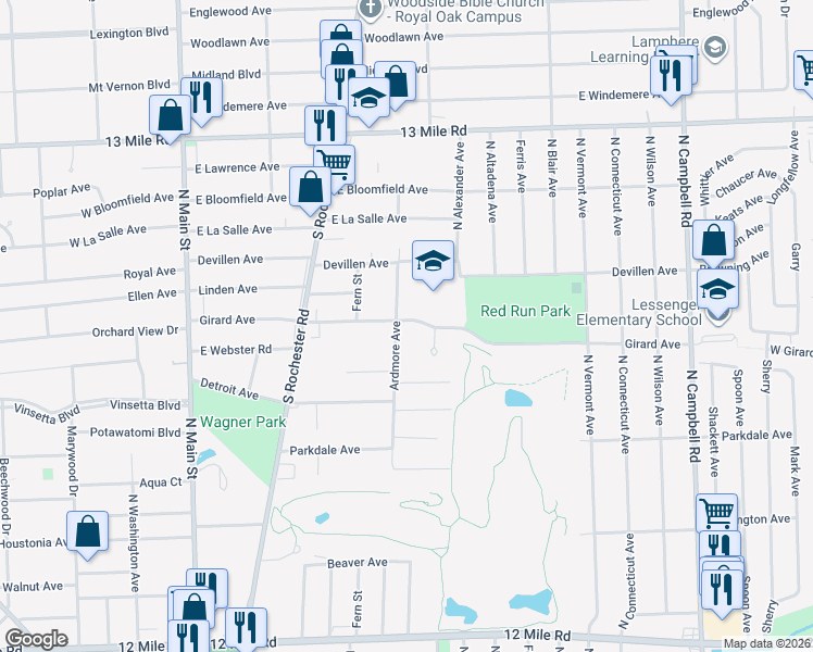 map of restaurants, bars, coffee shops, grocery stores, and more near 2615 Lauren Court in Royal Oak