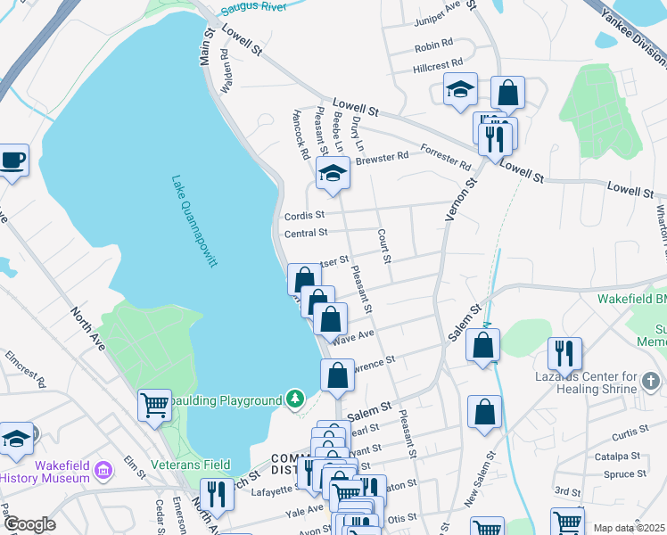 map of restaurants, bars, coffee shops, grocery stores, and more near 18 Aborn Avenue in Wakefield