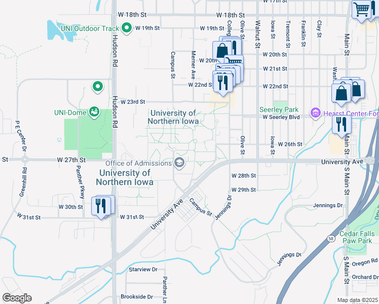map of restaurants, bars, coffee shops, grocery stores, and more near in Cedar Falls