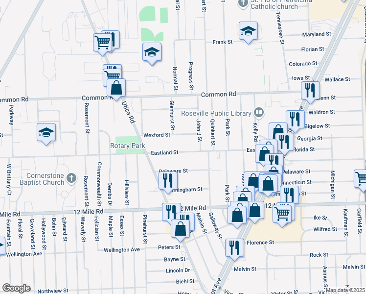 map of restaurants, bars, coffee shops, grocery stores, and more near 17943 Eastland Street in Roseville