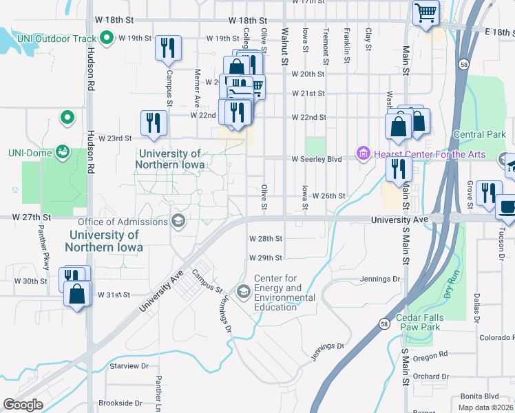 map of restaurants, bars, coffee shops, grocery stores, and more near 8009 University Avenue in Cedar Falls