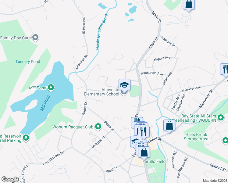 map of restaurants, bars, coffee shops, grocery stores, and more near 38 Mountain Street in Woburn